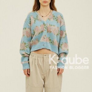 Cozy Blue and Pink Cardigan Sweater